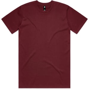 A burgundy classic tee featuring a crew neckline and short sleeves, with a logo at the neck.