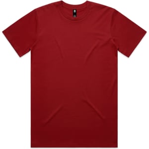 A plain red t-shirt with a round neckline and short sleeves, featuring a small logo.