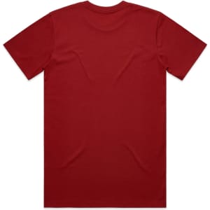 A red classic T-shirt with short sleeves and a plain back. The shirt features a logo.