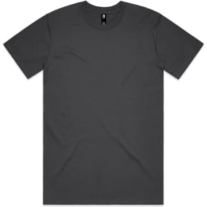 A dark grey classic tee with short sleeves and a round neckline. The shirt features a logo.
