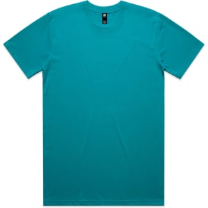 A teal classic tee displayed flat, featuring a round neckline and short sleeves. The shirt includes a logo tag.