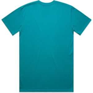 A turquoise t-shirt with a crew neck and short sleeves, featuring no visible logos or branding.
