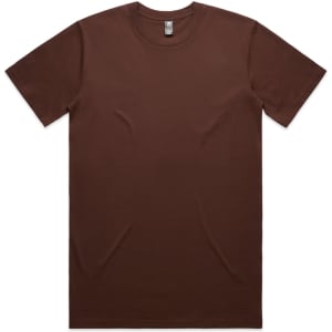 A brown classic tee shirt with a crew neckline and short sleeves, featuring a logo on the label.