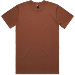 A brown Classic Tee with a crew neckline and short sleeves, featuring a logo on the label.
