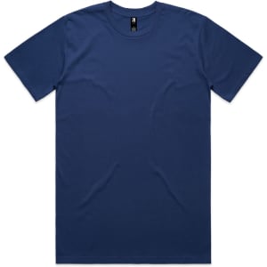 A navy blue classic T-shirt with a round neckline and short sleeves, featuring a logo.