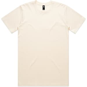 A cream-coloured classic t-shirt with a round neck and short sleeves, featuring a logo.