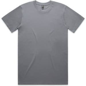 A plain grey t-shirt with a round neckline and short sleeves, featuring a logo at the neck.