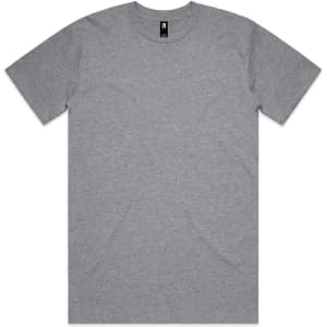 A grey classic T-shirt with short sleeves and a round neck, featuring a logo at the neckline.