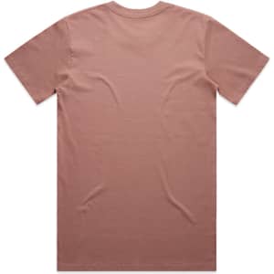 A plain, blush pink t-shirt with a standard crew neck and short sleeves, featuring a subtle branding detail.