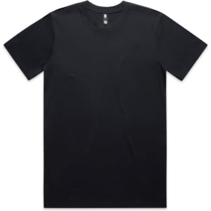 A black classic t-shirt with a round neckline, featuring a label and a minimalist design.