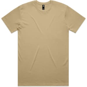 A beige Classic Tee t-shirt with a round neck and short sleeves, featuring a logo on the label.