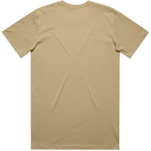 A khaki T-shirt featuring a plain back and a logo. Cotton material with short sleeves, available in various sizes.