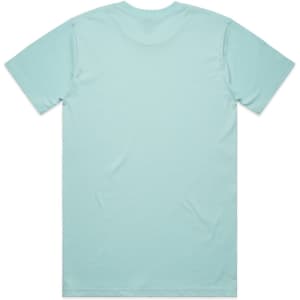 A light blue T-shirt featuring a plain back design and a logo on the neckline.