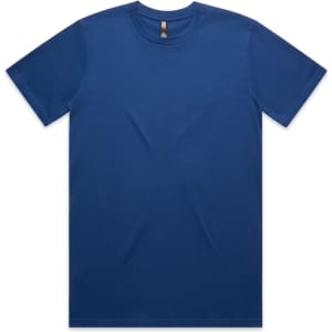 A blue classic tee featuring a round neck and short sleeves. The shirt has a logo on the inside label.