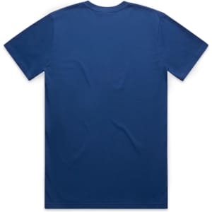 A blue classic t-shirt featuring short sleeves and a plain back design. It has a logo on the label.