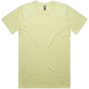 A plain light yellow t-shirt with a crew neckline and short sleeves. It features a label and has no visible designs.