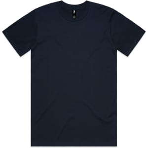 A navy classic tee featuring a round neck and short sleeves. It has a logo on the label.