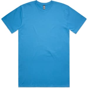 A blue classic tee shirt with a round neckline and short sleeves, featuring a logo on the label.