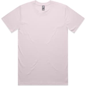 A plain light pink T-shirt with a round neckline and short sleeves, featuring a logo on the label.