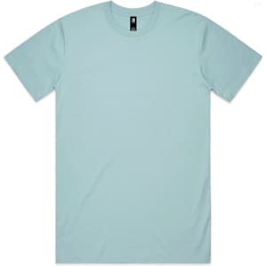 A light blue classic t-shirt with a simple design and a logo on the label.
