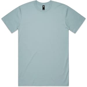 A light blue classic T-shirt with short sleeves and a round neckline. It features a logo on the inside label.