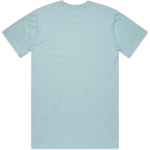 A light blue t-shirt with a crew neck and short sleeves, featuring a logo on the back.