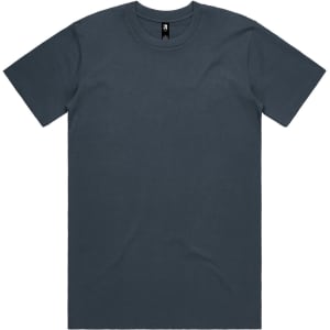 A dark grey classic tee with short sleeves and a round neckline, featuring a logo on the label.
