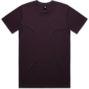 A plain dark purple t-shirt with a crew neckline and short sleeves, featuring a logo at the label.