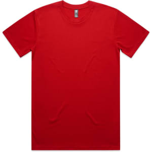 A red Classic Tee with a crew neck and short sleeves, featuring a logo on the label.