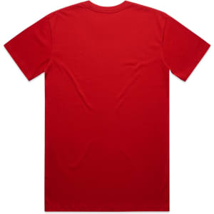 A red classic tee with short sleeves and a plain back. It features a logo on the fabric.