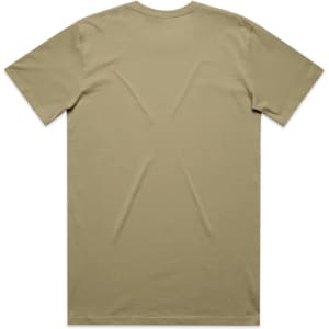 A plain olive green T-shirt with a crew neck and short sleeves, featuring a logo on the back.