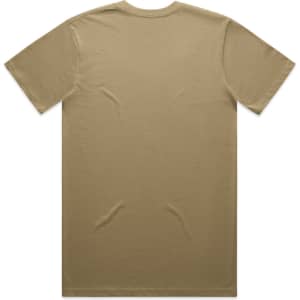 A plain beige T-shirt with a crew neckline and short sleeves, featuring a logo on the back.