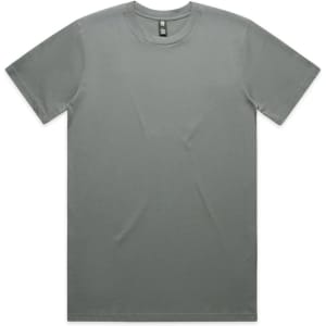 A grey classic tee with a round neckline and short sleeves. The shirt features a logo on the label.