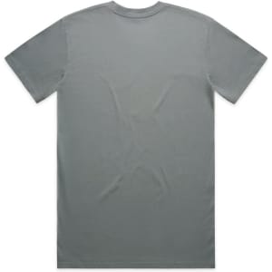 A plain grey t-shirt featuring a crew neck and short sleeves, with a branding logo on the label.