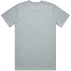 A plain light grey t-shirt displayed from the back, featuring a simple design and a logo.