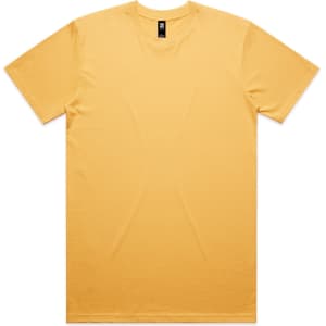A plain yellow T-shirt with short sleeves and a branding label on the collar.