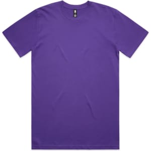 A plain purple T-shirt with a round neck and short sleeves, featuring a logo at the neckline.