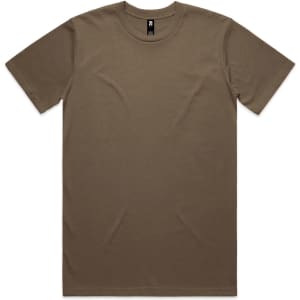 A brown Classic Tee, short-sleeved, featuring a label and a plain design. Ideal for casual wear.