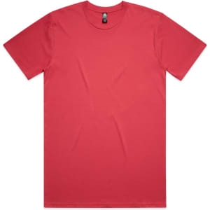 A classic red t-shirt with a round neckline and short sleeves. Features a logo on the tag.