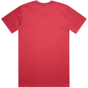 A red t-shirt with short sleeves and a plain back, featuring a logo.