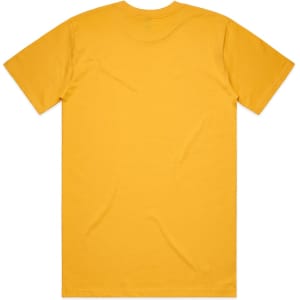 A plain yellow T-shirt with short sleeves and a round neckline, featuring a logo on the back.