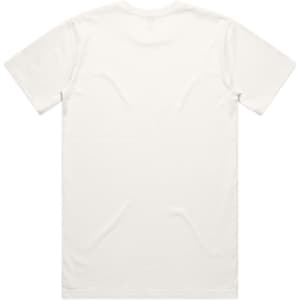 A plain white organic t-shirt featuring a simple back design and short sleeves. It has a branding logo.