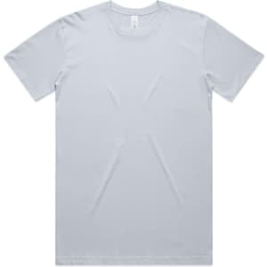 A light grey T-shirt with a round neckline and short sleeves. It features a logo on the label.