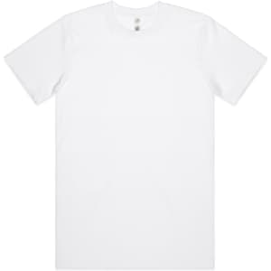 A plain white t-shirt with short sleeves, featuring a label inside and a branding logo.