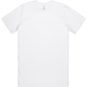A plain white T-shirt with short sleeves, featuring a back view and a branding label at the neck.