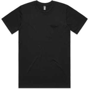 A black T-shirt featuring a single chest pocket and a logo on the collar.