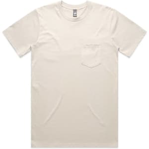 A light beige t-shirt with a pocket on the left chest area. The shirt features a small logo.
