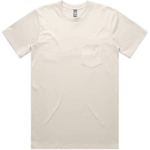 A beige classic pocket tee with a small pocket on the left chest and a logo on the label.