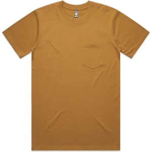 A classic pocket tee in a warm mustard colour, featuring a single chest pocket and short sleeves.