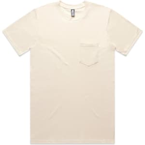A beige classic pocket t-shirt featuring a chest pocket and a plain design. It has a small logo on the label.